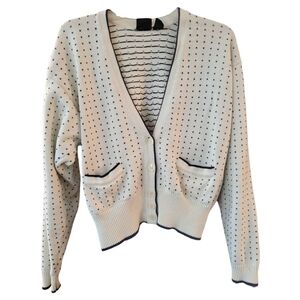 Vintage Liz Sport Womens Elegant Cream Cardigan with Blue Trim - Size L